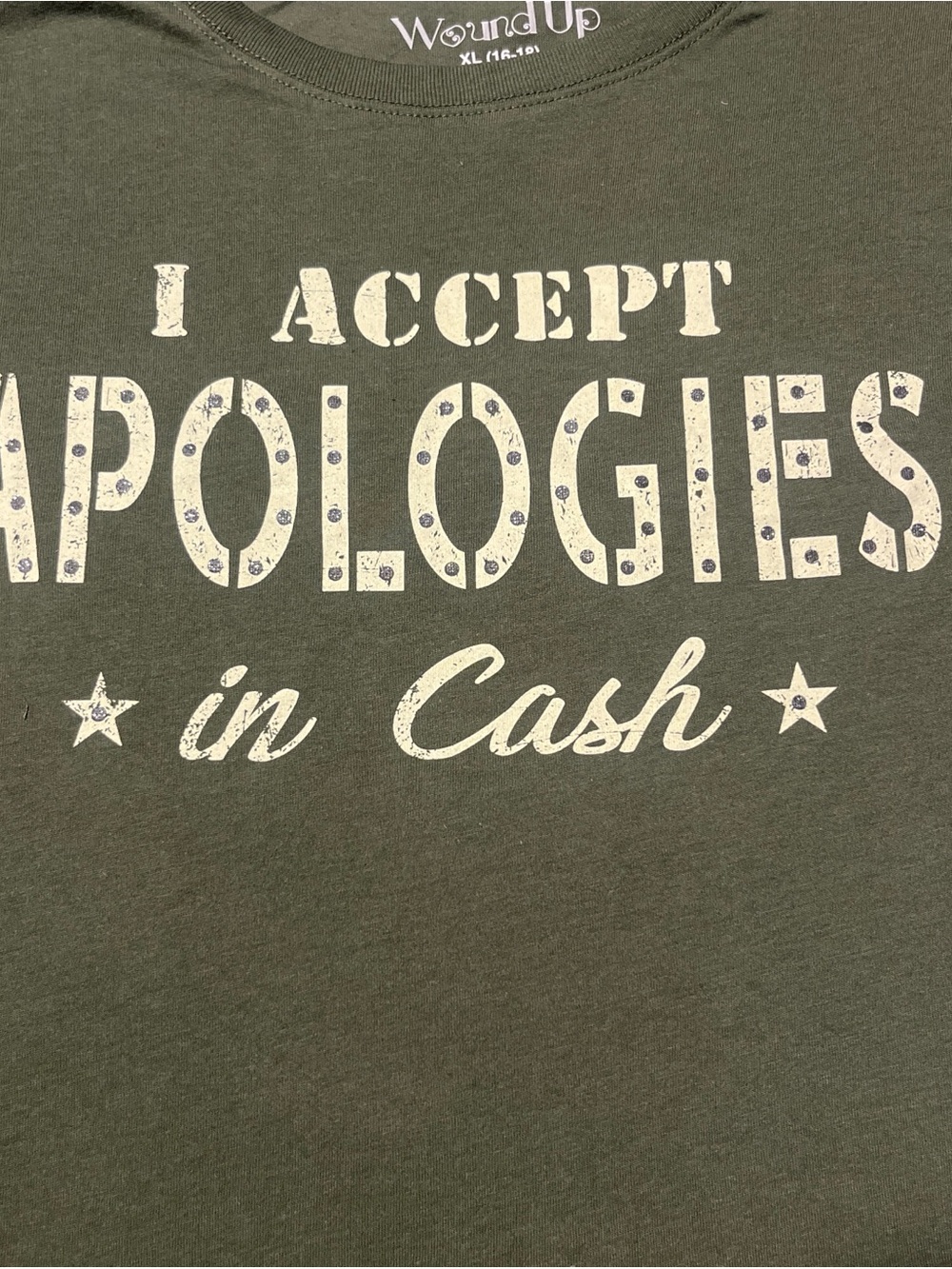Wound Up Olive Green Graphic Tee with Cream Text - Picture 2 of 4